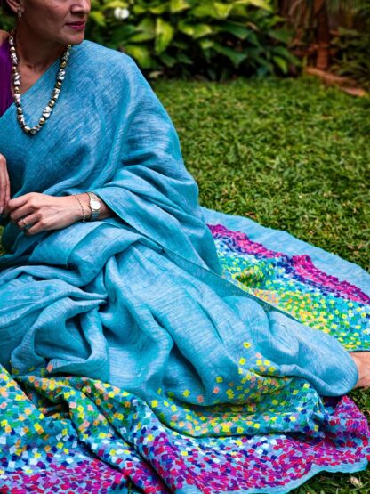 Calyz Blue Linen Saree with Collage Technique - Image 5